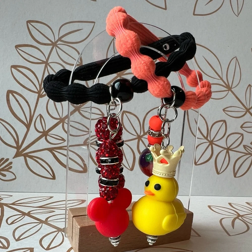 Beaded Mickey and Rubber Duck Hair Ties - Black and Orange Ties
